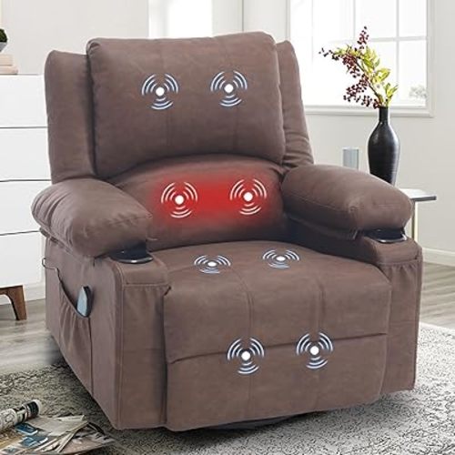 Leather Recliner Chair with Heat and Massage Cup Holder, Thickly Padded Overstuffed Rocking Glider Chair, Swivel Rocker Recliner Chair for Nursery, Brown