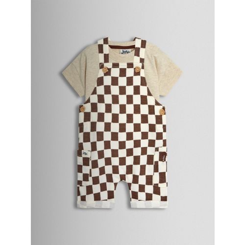 JoJo Maman Bébé Stone 2-Piece Checkerboard Dungarees & T-Shirt Set