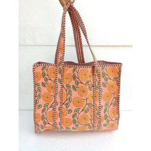 Quilted Cotton Tote Bag: Large Floral Print Shopping Bag