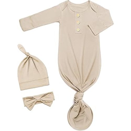 Newborn Baby Knotted Gown, Super Soft Silky Infant Sleeper, Baby Girl Sleep Gown with Mittens, Bow, and Hat Set[Grayish Apricot,Newborn]