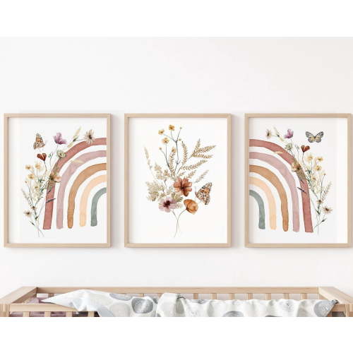 Luvia Boho Rainbow Set Of 3 Nursery Art Girl Wildflowers Nursery, Nursery Decor, Baby Room Ideas, Rainbow, Girl, Girl Print, Modern Wall Decor Set 3 Prints 16x24 UNFRAMED