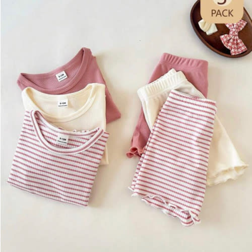 SHEIN 6pcs Baby Girl Casual Everyday Striped Apricot, White, Pink Crew Neck Short Sleeve Top And Elastic Waist Shorts Set, Comfortable For Outdoor Play Or Home, Versatile For Spring/Summer | SHEIN USA