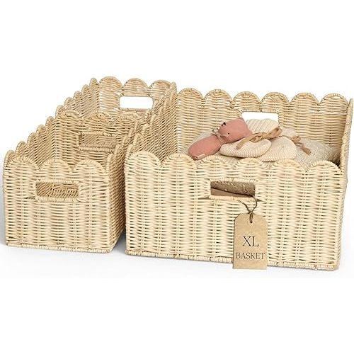 BEBE BASK Handwoven Scalloped Wicker Basket – Rattan Scalloped Basket Set of 3 (17 × 13 × 7 in), Wicker Baskets for Organizing, Wicker Storage Baskets for Shelves, Nursery and Home