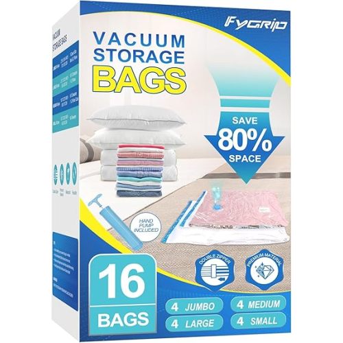 16 Pack Vacuum Storage Bags with Hand Pump, 4 Jumbo + 4 Large + 4 Medium + 4 Small Plastic Packaging Bags, 80% Space Saver Vacuum Seal Bags for Clothing, Travel Lugggage, Blankets, Comforters
