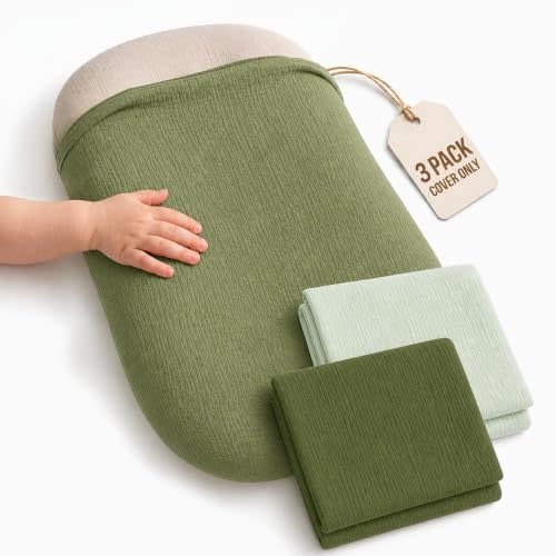 3 Pack Muslin Baby Lounger Covers, Covers Only, 35.5" x 20" | 100% Cotton Mustin, Envelope Closure, Zipperless, Baby Nest Slipcover, Machine Washable, Green