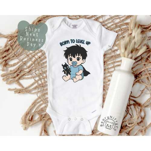 Kawaii Anime Baby Onesies® Brand, Born to Level Up Baby Bodysuit, Baby Boy Chibi Clothes, Adorable Baby Shower Gift for New Otaku Parents