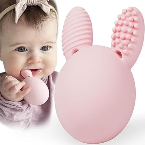Teether Baby Teething Toy Rabbit Egg Rattle Toy Teething Pain Relief for Babies Boys Girls - Pink