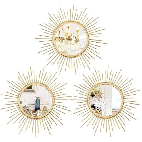 3 Pack Metal Mirrors for Wall Sunburst Wall Mirrors Home Décor Decorative Hanging Wall Art for Living Room Bedroom Entryway (Gold, Sunburst)