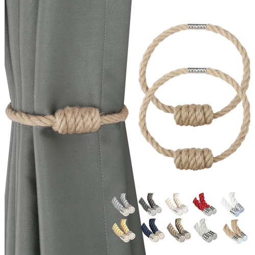 BEL AVENIR Magnetic Jute Curtain Tiebacks, Decorative Drapery Holdbacks Bohemian Style Woven Tie-Backs with Exquisite Knot (Jute, 2 Pack)