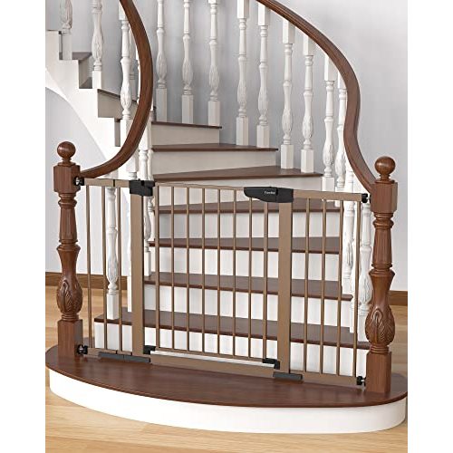 Cumbor 29.7"-51.5" Baby Gate Extra Wide, Safety Dog Gate for Stairs, Easy Walk Thru Auto Close Pet Gates for The House, Doorways, Child Gate Includes 4 Wall Cups, Brown, Mom's Choice Awards Winner