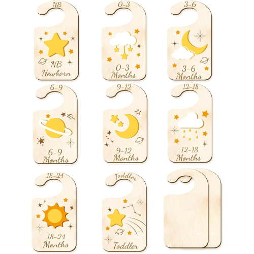 10Pcs Wood Baby Wardrobe Dividers Moon Star Sun Nursery Decor from Newborn to 36 Month Hanger Seperaters Baby Closet Organizers Nursery Infant Wardrobe Hangers Divider for Newborn Shower DIY