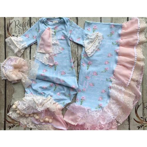 Baby girl gown, personalized, country chic, vintage style, mint pink, over the top, baby shower gift, going home outfit, name gown