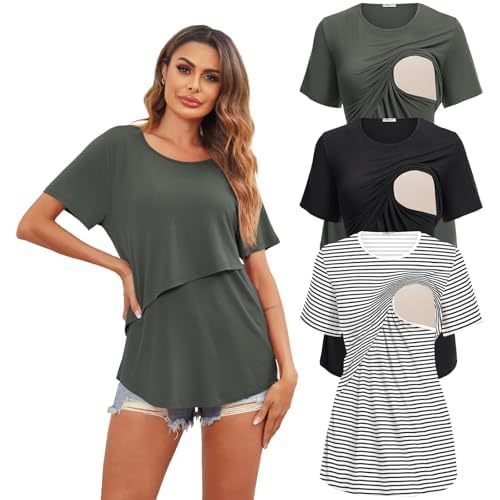 3 Pack Women Nursing Tops Short Sleeve Breastfeeding Shirts Maternity Tees