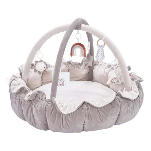 5-in-1 Convertible Baby Play Gym, Double Sided Baby Nest with 6 Removable Hanging Toys