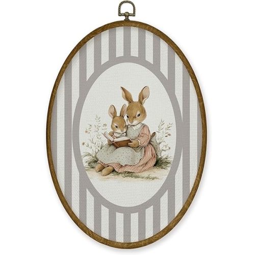 JMENGSSFL Vintage Bunny Girl Nursery Oval Wall Art Decor, Animal Nursery Canvas Prints, Neutral Rabbit Reading Framed Wall Art for Kids Toddler Girl Nursery Room Bedroom Decor, 8.6x11.4 Inch