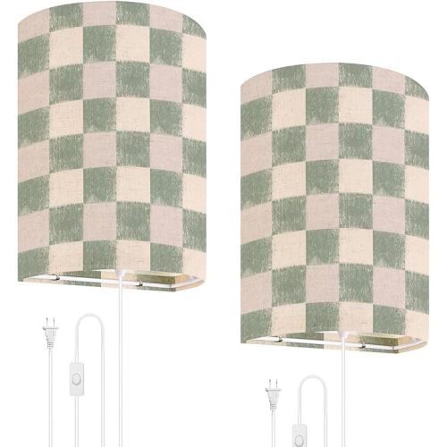 Plug in Wall Sconces Set of 2 Green Gingham Seamless Rustic Farmhouse Check Fabric for Home Decor Wall Lamp Wall Sconce Fixture, On/Off Switch Wall Light for Bedroom Living Room Hallway Porch