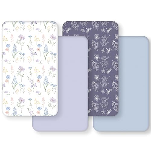 FIEMOL Crib Sheets Girl, Toddler Bed Sheets Fitted for 52”x28”Standard Crib and Toddler Mattresses, 4 Pack Soft Breathable Stretchy Blue Purple Flower