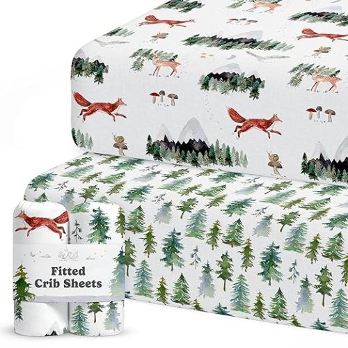 Crib Sheets Neutral - Fitted Baby Crib Sheets Bed for Girl Boy - 2 Pack Standard & Toddler Mattress (Woodland Forest Animals) - Buttery Soft Organic Cotton Blend