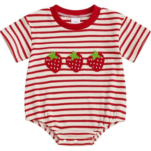VISGOGO Unisex Baby Boy Girl Striped Romper Waffle Short Sleeve Bubble Oversized Romper Bodysuit Summer Onesie Clothes
