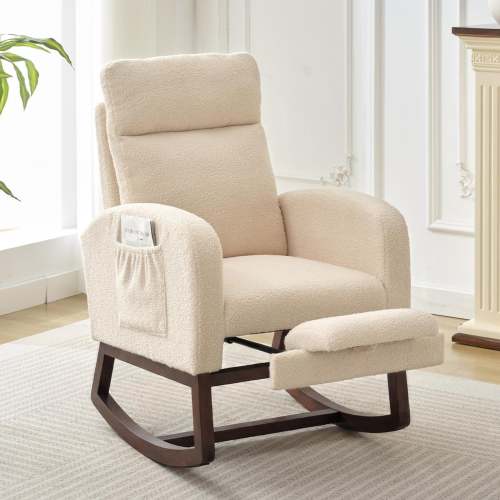 Garvee High Back Nursery Glider Rocking Chair with Adjustable Footrest, Side Pocket, Solid Wood Walnut Legs - Comfortable Stuffed Animal Fur Recliner for Bedroom, Living Room - Beige, Walnut Legs