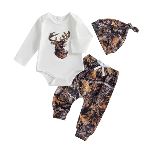 DSOKUHIB Newborn Baby Boy Hunting Outfit Deer Mallard Duck Romper Jungle Camo Pants Set Hat 3 Piece Fall Winter Clothes