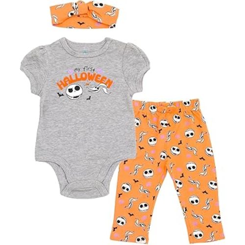 Disney My First Halloween Baby Girls Bodysuit, Pants and Headband 3 Piece Outfit Set Newborn to Infant Sizes (0-24 Months)