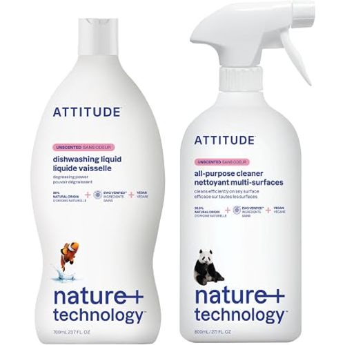 Bundle of ATTITUDE All-Purpose Cleaner, EWG Verified, Streak-Free, Plant- and Mineral-Based, Vegan, Unscented, 27.1 Fl Oz + Dishwashing Liquid, EWG Verified, Unscented, 23.7 Fl Oz