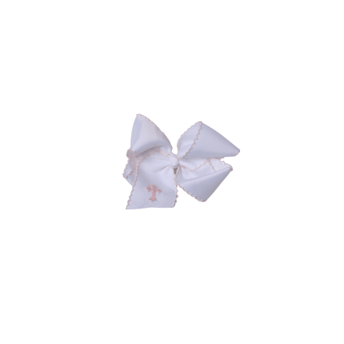 Scalloped Edge Grosgrain Bow with Embroidered Cross White/Pink