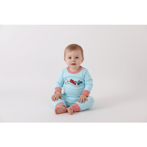 Blue vehicle emboridery romper