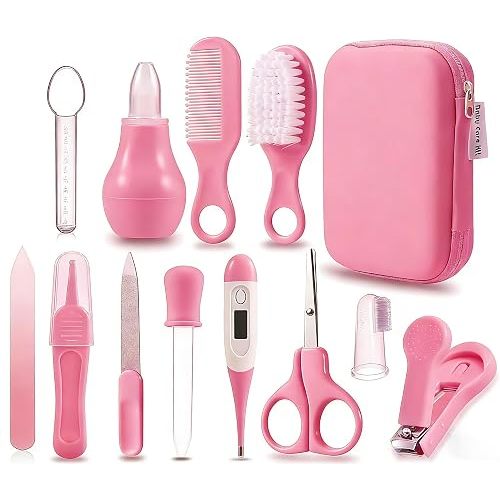 Baby Care and Grooming Set - Baby Safety Set, Including Comb, Brush, Finger cots, Toothbrush, Nail Clippers, Scissors, Nasal Suction Device - Newborn Care Set (Pink)