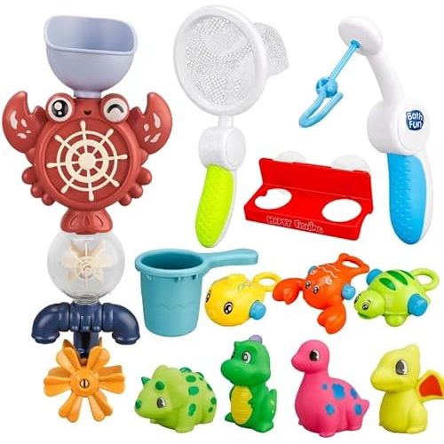 Bath Toys Set, Toddlers Bath Toys 1-3, Kid Bathtub Toy with 4pcs Dinosaur Water Spray, Fishing Games with Fish Net, Water Pool Toy , Shower Toy Gift for Boy Girl Infant