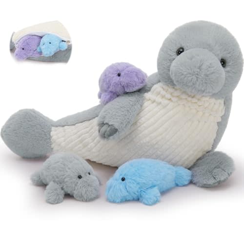 MorisMos 4Pcs Manatee Plush with Baby Inside, 19 Inch Soft Manatee Stuffed Animal Set, Cute Sea Cow Toy for Kids Girls Boys on Birthday Christmas