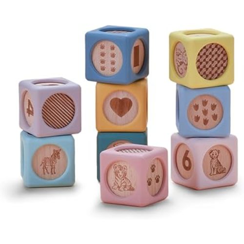 Mitico Wooden & Silicone Baby Stacking Blocks 6M+, Montessori Sensory Building Toy