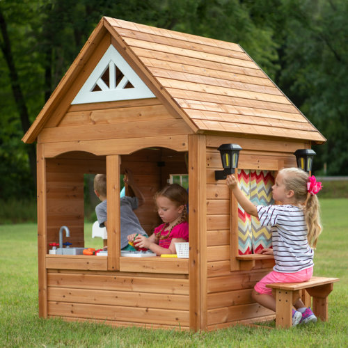Backyard Discovery Aspen Cedar Wooden Kids Playhouse with Play Kitchen, Snack Bar Window, and Picnic Bench & Reviews | Wayfair