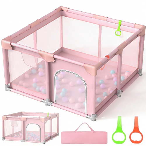 JoyStone Baby Playpen, 50 x 50 in, Non-Slip Base, Soft Mesh Sides, 2 Pull-up Rings, Carry Bag, Pink