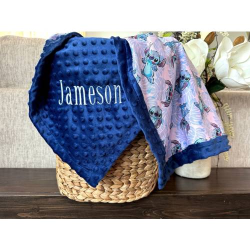 Personalized Stitch Blanket | Frame Style Border | Embroidery | Baby Shower Gift | Cotton & Minky | Lilo and Stitch | Leaf Stitch Birthday