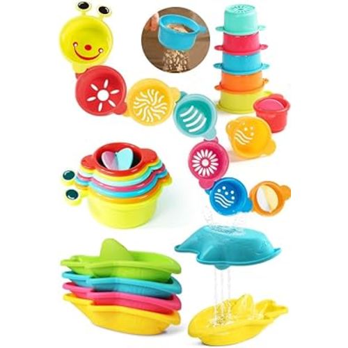 Baby Bath Toys for Kids Ages 1-3 Toddler Bath Toys Mold Free Bathtub Toys for 12+ Months Pool Water Table Beach Sand Toys Stacking Cups Floating Boats for 1+ Years Old Girls Boys Gifts 11 PCS