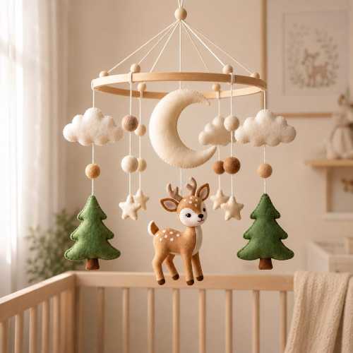 Deer Baby Mobile, Woodland Crib Mobile, Moon Star Nursery Decor, Fawn Felt Baby Mobile, Neutral Baby Shower Gift