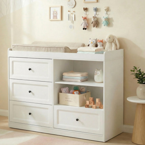 East Urban Home Changing Table Dresser, Baby Nursery Dresser With 4 Drawers And 2 Adjustable Shelves, Wooden Baby Diaper Changing Station, Natural Wood | Wayfair