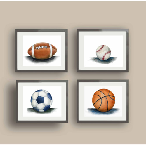Watercolor Sports Art Prints for Boy Room or Nursery, Baseball Football Basketball Wall Décor, set of 4 prints | MakerPlace by Michaels