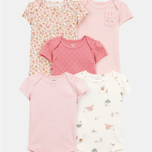Baby Girl 5-Pack Floral Bunny Short-Sleeve Cotton Bodysuits - Pink | Carter's