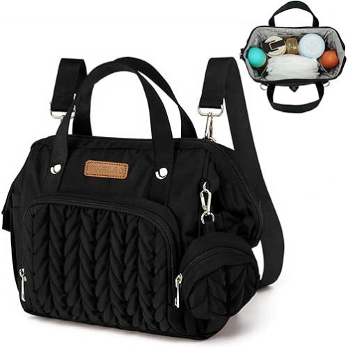 FHELAD Small Diaper Bag Backpack, Toddler Diaper Bags Waterproof Multi-Function Newborn Baby Stylish Mini Tote Maternity Bags (Black with Pacifier Case)