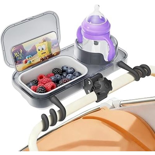 Universal Stroller Snack Tray, 3-in-1 Cup Holder Tray with Clamp & Silicone Arms Grip & Detachable Silicone Tray, Stroller Tray Attachment for Toddler & Kids, Snacking On The Go