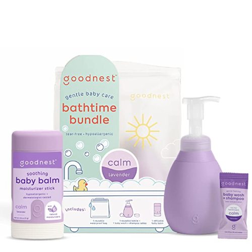 Goodnest Baby Bathtime Bundle, Soothing Lavender Baby Care Set, (1) 3-in-1 Baby Shampoo + Wash Foaming Soap Tablet, (1) 12oz Pump Bottle & (1) Soothing Moisturizing Baby Balm w/Reuseable Wet Bag