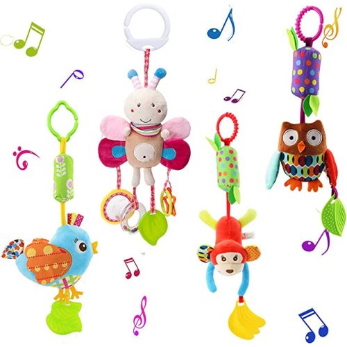 Sealive 4 Piece Baby Stroller Sensory Musical Toys, Soft Rattles Hanging Plush Activity Crib Car Seat Toys for Babies Boy Girl