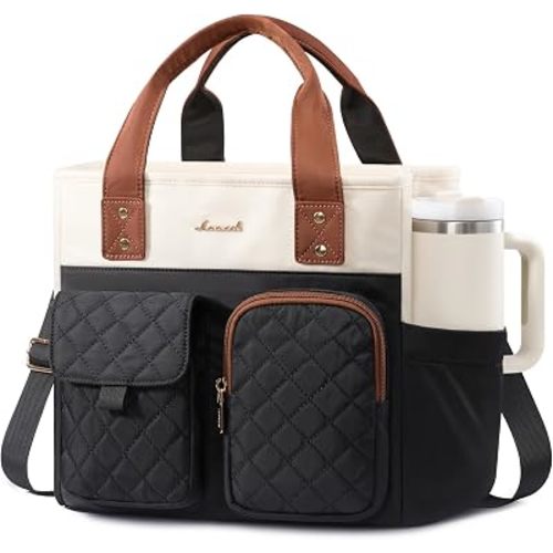 LOVEVOOK Insulated Lunch Bag for Women, Elegant Quilted Stitching Lunch Tote with Cup Holder, Wide Opening Leakproof Cooler Bag, Adult Lunch Box Gift for Office, Nurse, Teacher & Daily Work Commute