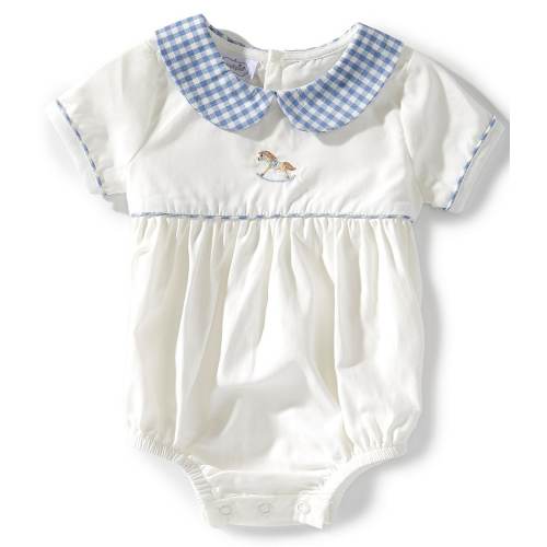 Mud Pie Baby Boy Rocking Horse Embroidery Gingham Collar and Trim Bubble