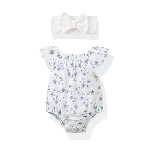 Renotemy Preemie Newborn Baby Girl Clothes Infant Cotton Linen Romper Summer Outfit for Girls Ruffle Sleeve Bodysuit Jumpsuit