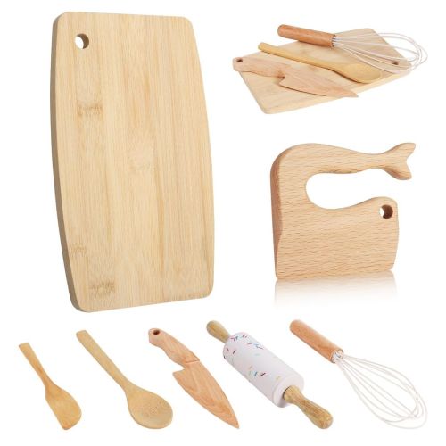HEQU 7 Pieces Wooden Kids Knife Children's Safe Knifes and Kids Baking Set for Real Cooking, Toddler Montessori Kitchen Tools for Cutting Veggies Fruits Salad Cake