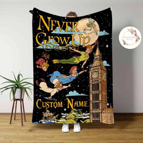 Personalized Disney Peter Pan Never Grow Up Blanket, Custom Name Baby Girl Tinker Bell Wendy Flight Neverland Gift, WDW Disneyland Kids Gift